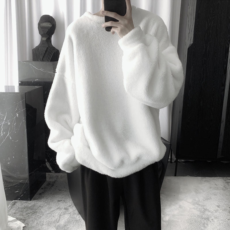 Oversize Sweatshirt Solid Color Lamb Hair O-Neck Long Sleeve Men's Sweatshirt Korean Fashion Loose Hoodies Streetwear Harajuku