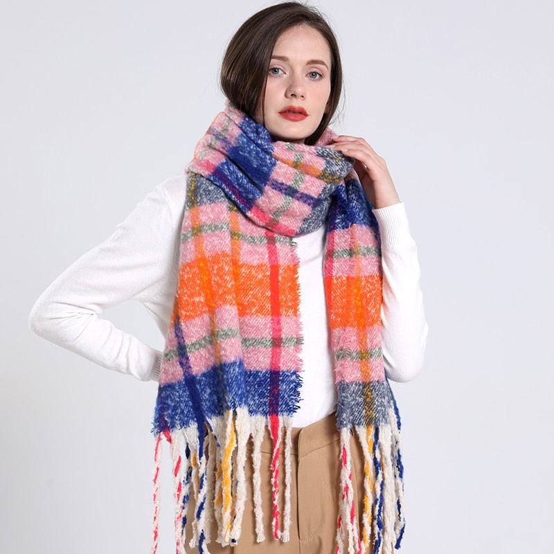 Women Plaid Scarf Winter Warm Shawl and Wrap Bandana Pashmina Long Tassel