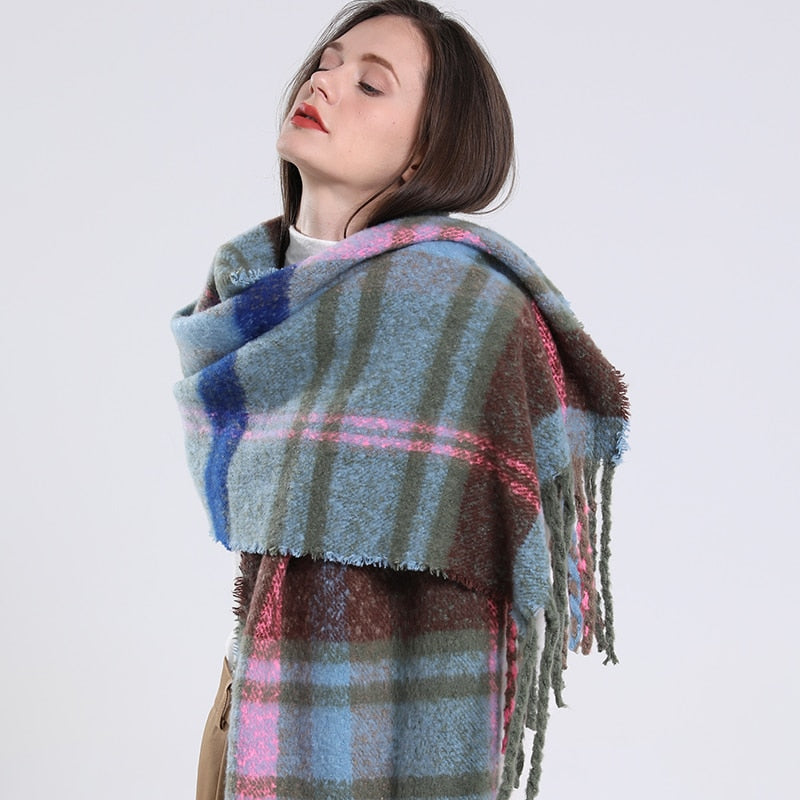 Women Plaid Scarf Winter Warm Shawl and Wrap Bandana Pashmina Long Tassel