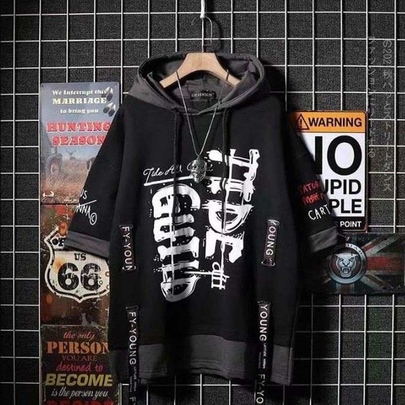 Autumn Men's Hoodie Sweatshirt Casual Black Hoodies Tops Techwear Hip Hop Harajuku Patchwork Japanese Streetwear Men 3XL