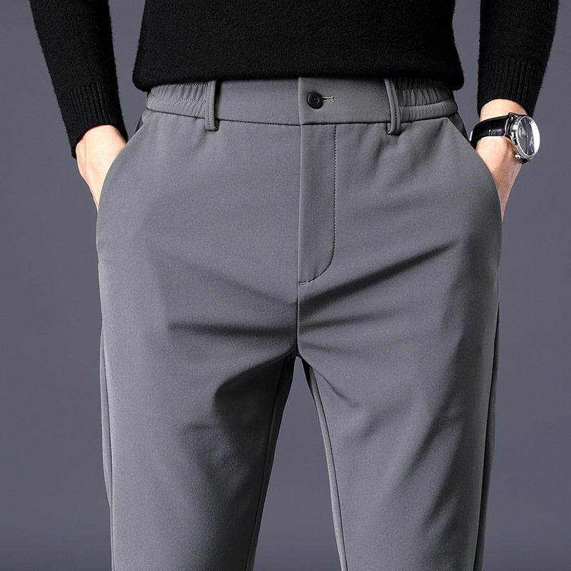 Spring Autumn Men's Casual Pants Business Stretch Slim Fit Elastic Waist Jogger Korean Classic Thick Black Gray Trousers Male