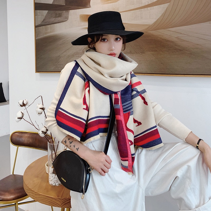 Luxury Winter Cashmere Scarf Women 2022 Design Warm Pashmina Blanket Horse Scarves Female Shawl Wraps Thick Foulard Bufanda