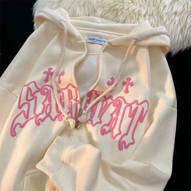 Women Embroidery Hoodies Goth Retro High Street Zip Up Loose Jacket Coats Casual Harajuku Hip Hop Hooded Sweatshirts Y2k Clothes