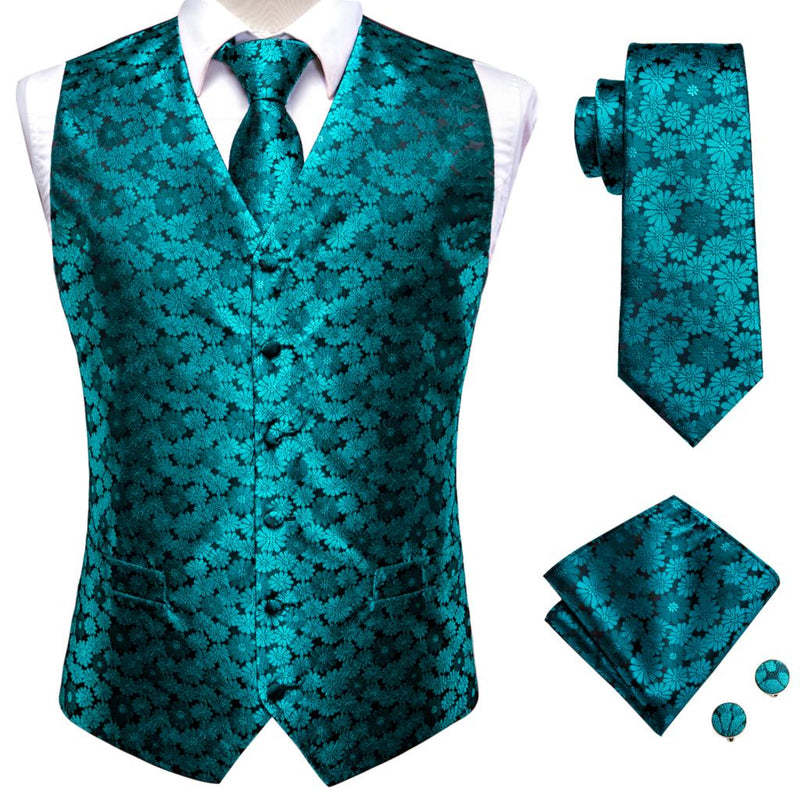 Hi-Tie 20 Color Silk Men's Vests and Tie Business Formal Dresses Slim Vest 4PC Hanky cufflinks for Suit Blue Paisley Waistcoat