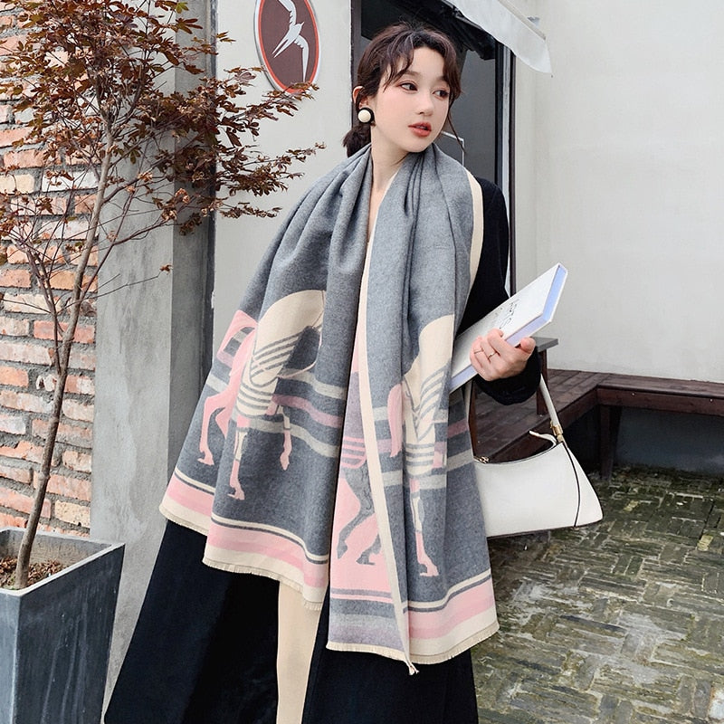 Luxury Winter Cashmere Scarf Women 2022 Design Warm Pashmina Blanket Horse Scarves Female Shawl Wraps Thick Foulard Bufanda