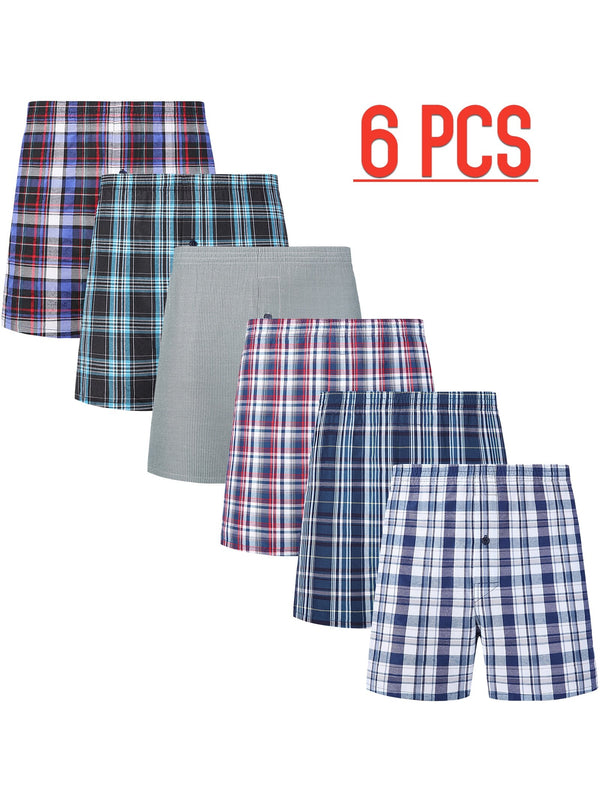 6pcs Boxer Shorts Casual Plaid Elastic Waistband Button Mens Boxer Underwear Woven Shorts For Home