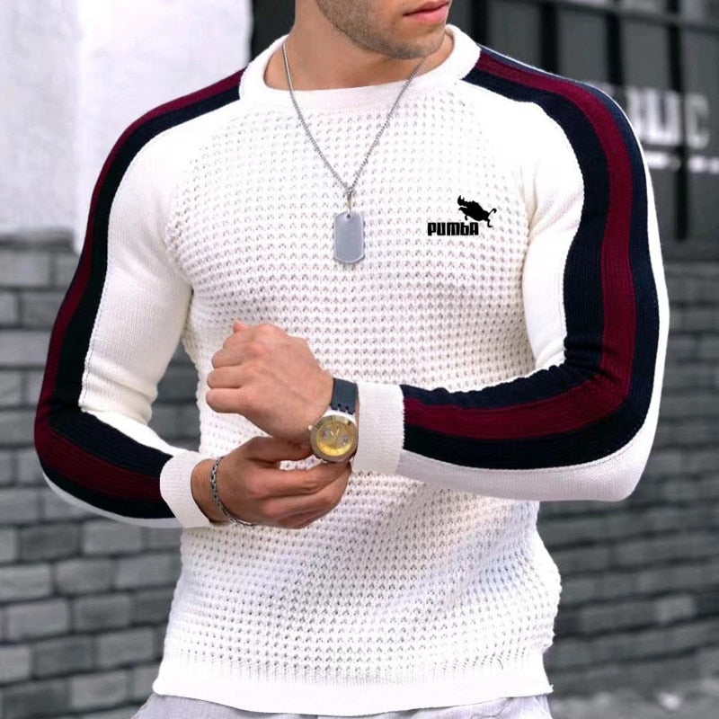 Men's Autumn Winter New Waffle Print Pullover Bottoming Shirt Male Color-blocking High-quality Casual Knitted Sweater