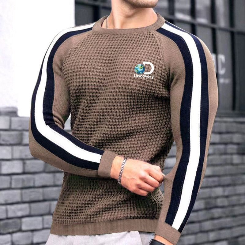 Men's Autumn Winter New Waffle Print Pullover Bottoming Shirt Male Color-blocking High-quality Casual Knitted Sweater