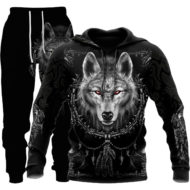 Wolf 3d Printed Hoodie Pants Suit Male Autumn and Winter Casual Sweashirt Pullover Men Tracksuit Set Fashion Men's Clothing Suit