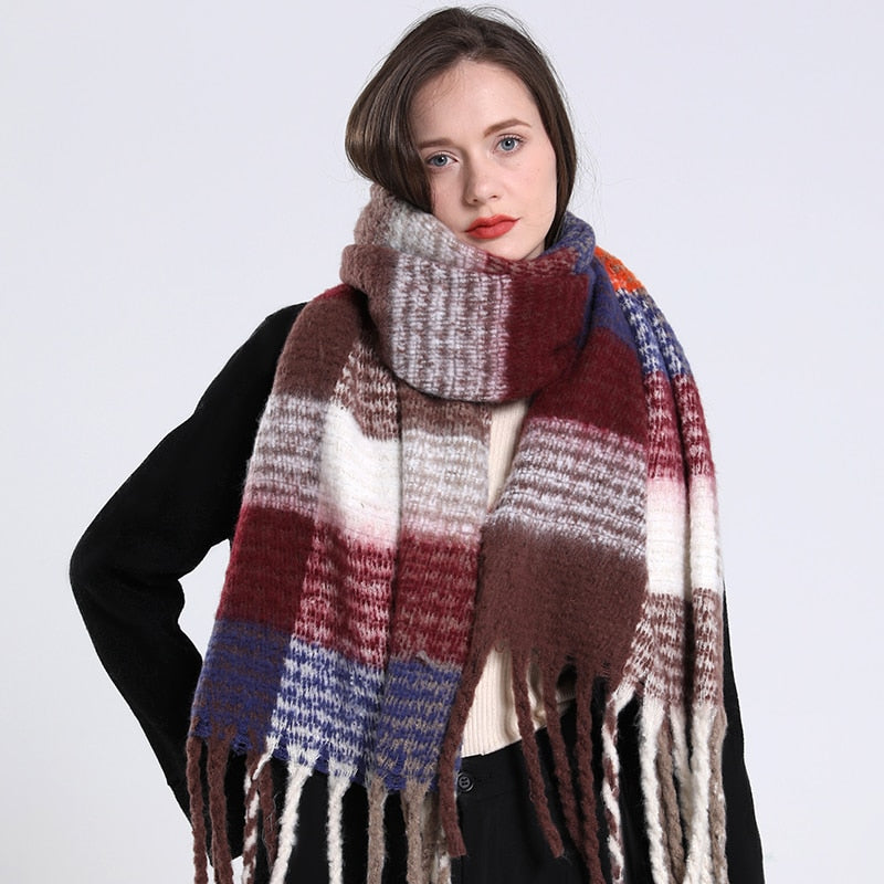 Women Plaid Scarf Winter Warm Shawl and Wrap Bandana Pashmina Long Tassel