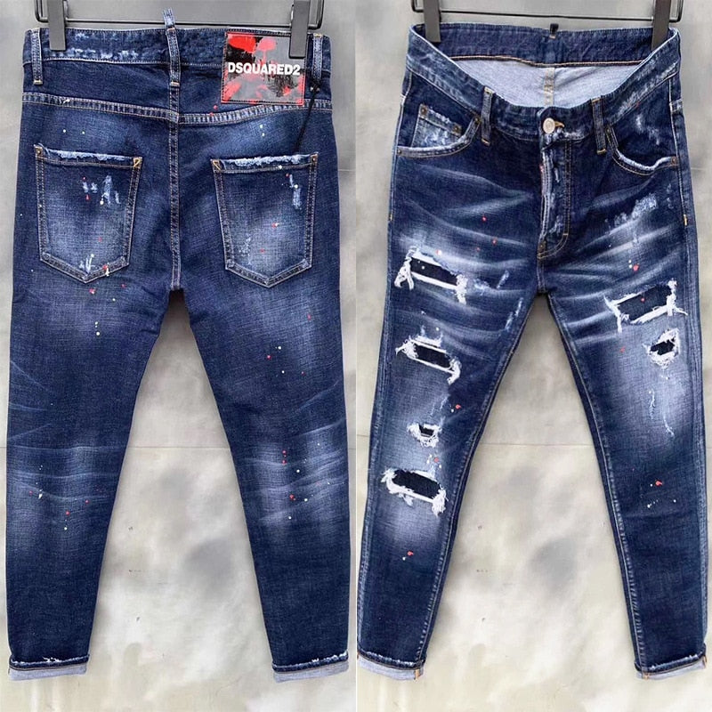 Men Blue Skinny Jeans Luxury Brand Dsquared2  Stretch Fit Jeans Male Denim Trousers Blue Jeans Straight Fit Jeans Size 28-38