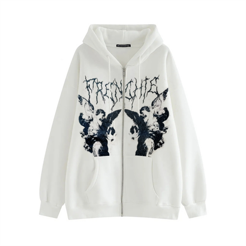 2023 Women Hip Hop Streetwear Hoodies Women zip up hoodie Angel Dark Print Jacket Coat Goth Harajuku y2k Clothes