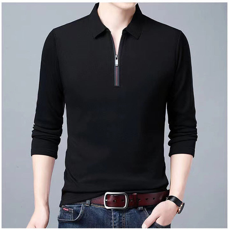 New Men's Solid Polo Shirt Lapel Long-sleeved Polos Shirt Zipper Collar Fashion Spring and Autumn Thin Shirt Casual Loose Tops