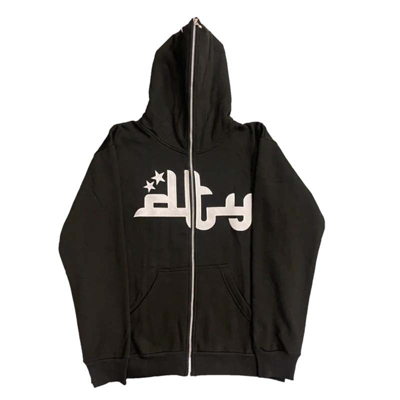 Y2K Zip Up Men's Hoodies Retro Letter Print Oversized Hooded Sweatshirt Streetwear Goth Grunge Hip Hop Long Sleeve Jacket Coat