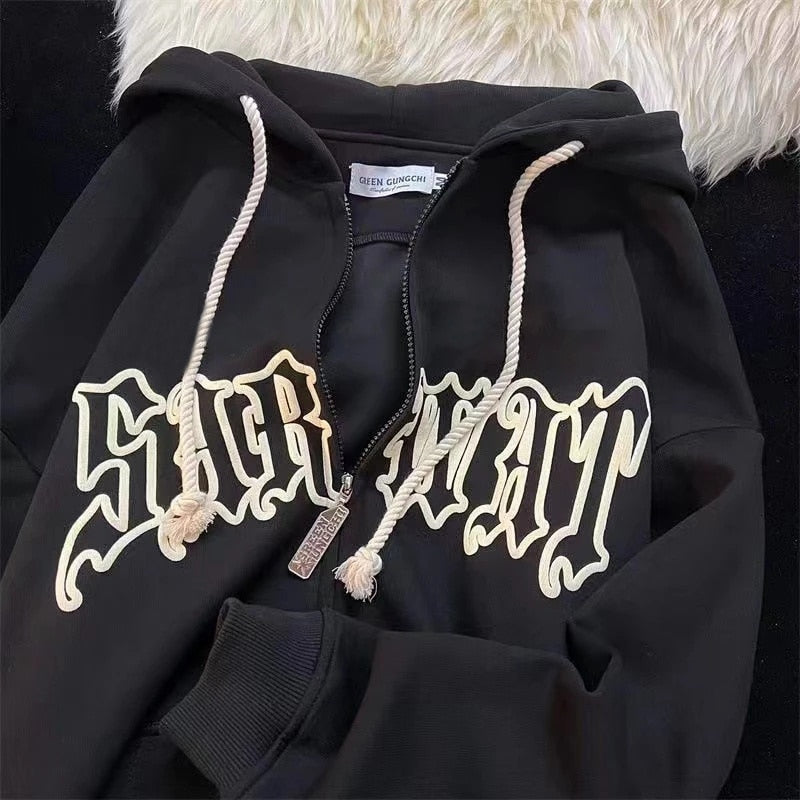 Y2k Vintage Women Hoodies Harajuku Printed Zip Up Grunge Sweatshirt Hip Hop Gothic Long Sleeve Oversized Jacket Coat Streetwear