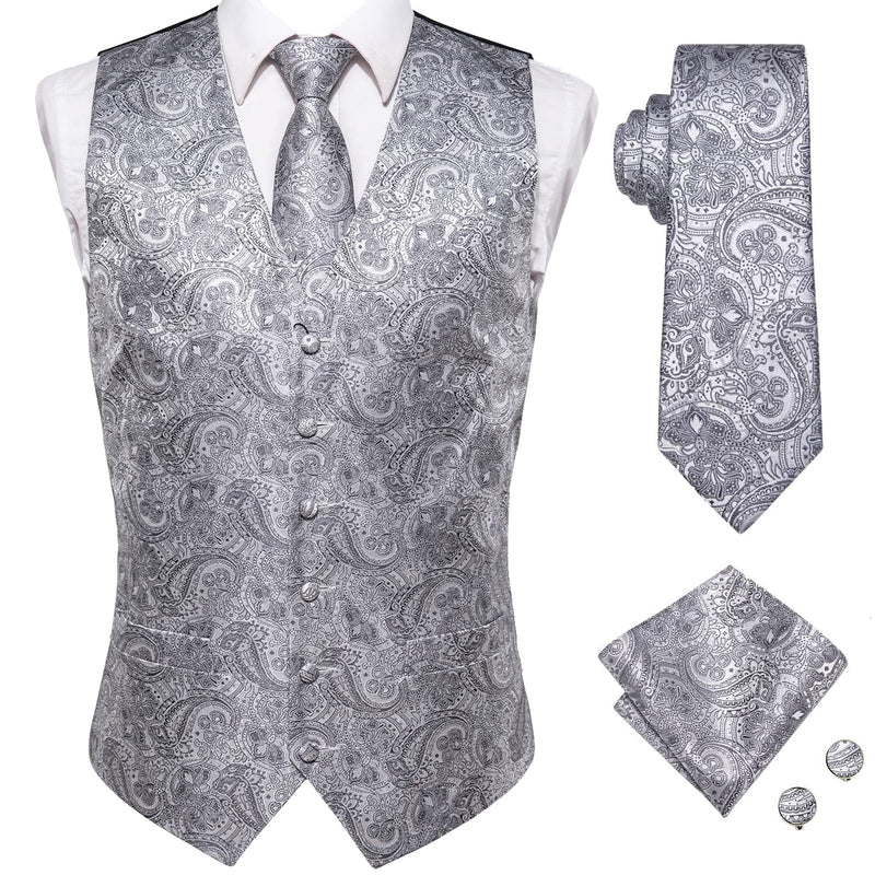 Hi-Tie 20 Color Silk Men's Vests and Tie Business Formal Dresses Slim Vest 4PC Hanky cufflinks for Suit Blue Paisley Waistcoat