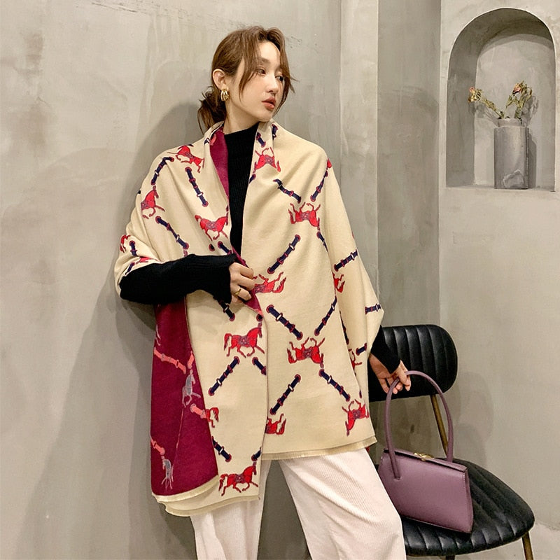 Luxury Winter Cashmere Scarf Women 2022 Design Warm Pashmina Blanket Horse Scarves Female Shawl Wraps Thick Foulard Bufanda