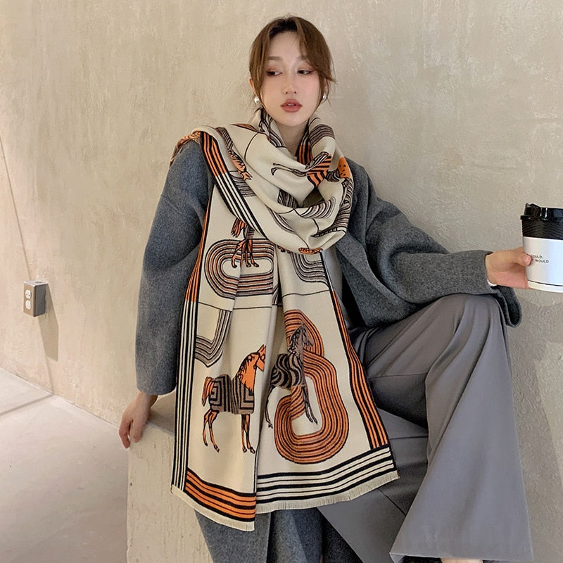 Luxury Winter Cashmere Scarf Women 2022 Design Warm Pashmina Blanket Horse Scarves Female Shawl Wraps Thick Foulard Bufanda