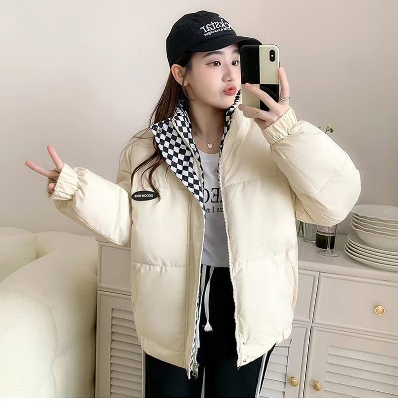 Female Solid Thickening Warm Puffer Parkas Jackets Black White