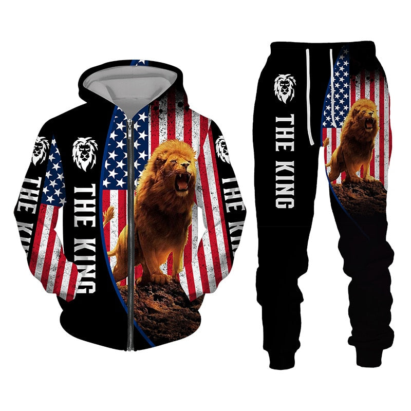 Autumn and Winter Men's Tracksuit 3D The Lion Print Zipper Hoodies Sweatshirts Pants Sets Casual Mens Clothing Women's Tracksuit