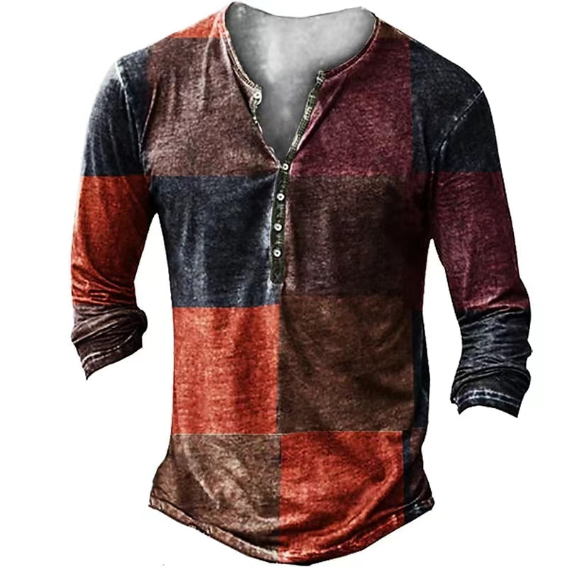 Vintage Men's T-Shirts With Button Ethnic Pattern Print Spring Autumn Loose O-Neck Long Sleeve Oversized T Shirts Male Clothing