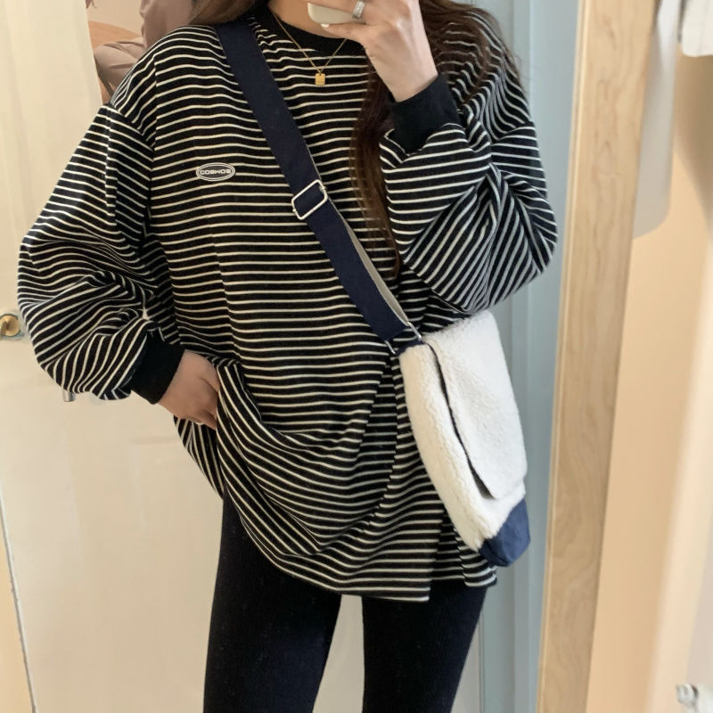 Popular Women T-shirts Striped Retro Comfort Slouchy Long Sleeve Tees Students Boyfriend Couple Trendy Females Tops Ulzzang Hot