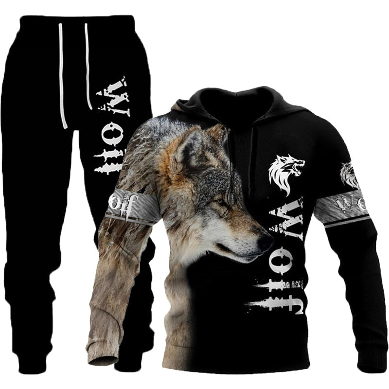 Wolf 3d Printed Hoodie Pants Suit Male Autumn and Winter Casual Sweashirt Pullover Men Tracksuit Set Fashion Men's Clothing Suit