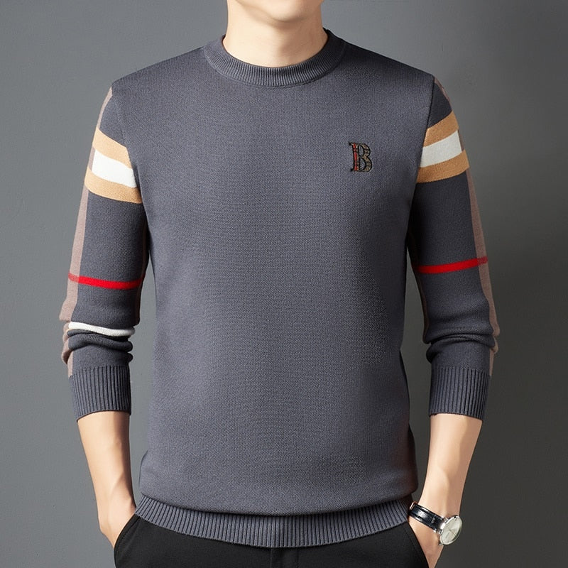 Men Stripe Plaid Pullovers Mens Business Brand Soft Warm Sweaters