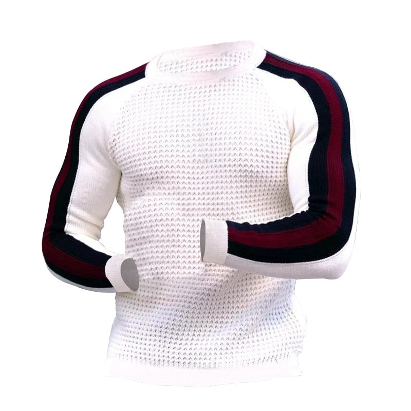 Men's Autumn Winter New Waffle Print Pullover Bottoming Shirt Male Color-blocking High-quality Casual Knitted Sweater