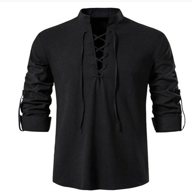 Men's V-neck shirt T-shirt Fashion Vintage Thin Long Sleeve