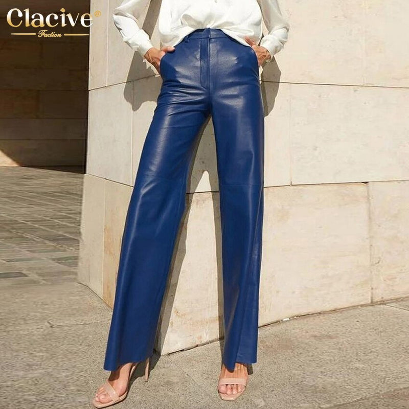 Clacive Fashion Blue Pu Leather Women'S Pants Elegant Slim High Waist Straight Trousers Streetwear Pantalones Female Clothing