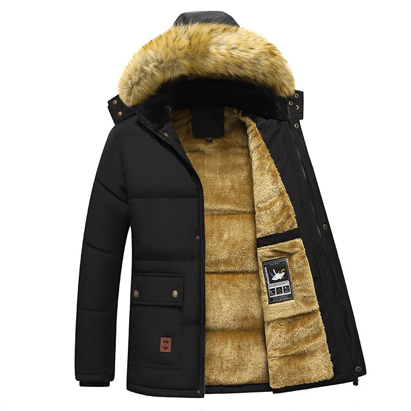 Men Winter Parka Fleece Lined Thick Warm Hooded Fur Collar Coat