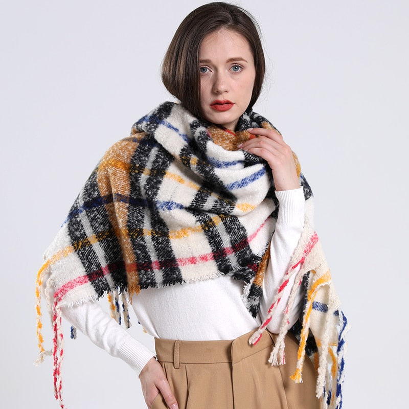 Women Plaid Scarf Winter Warm Shawl and Wrap Bandana Pashmina Long Tassel