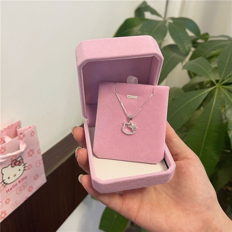 TAKARA TOMY Hello Kitty Sterling Silver Girl Sweet Girlfriend Collarbone Necklace Woman Elegant Diamond Pendant Ring Jewelry