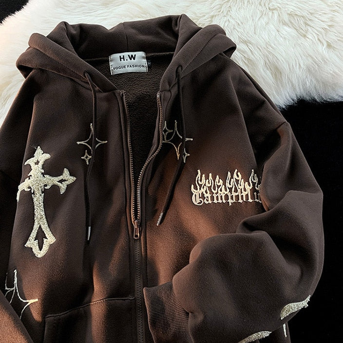 Vintage Embroidery Hoodies Women Harajuku Long Sleeve Zip Up Sweatshirt Hip Hop Gothic Streetwear Hooded Jacket Coat Y2k Clothes