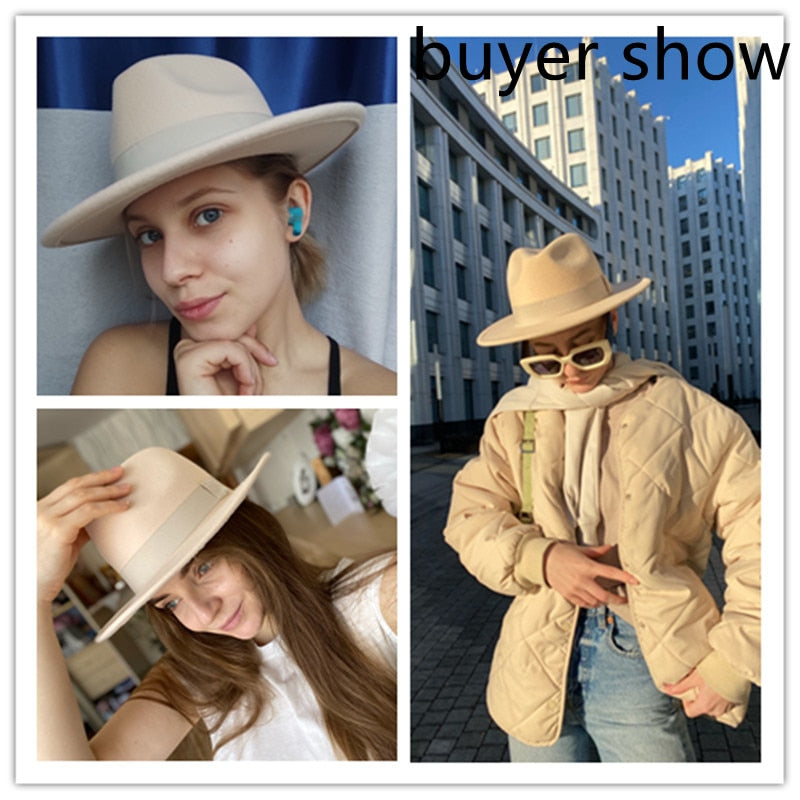 Fedora Hat Women Winter Hats for Women Ribbon Band Men's Hat Wide Brim Classic Beige Wedding Church Bowler New Cap chapeau femme