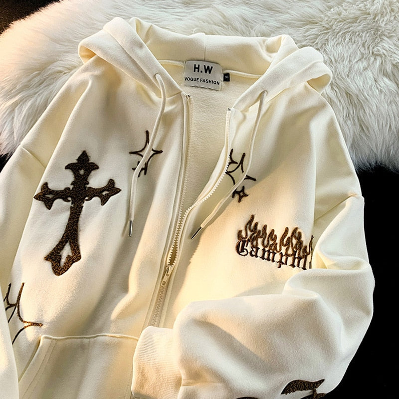 Vintage Embroidery Hoodies Women Harajuku Long Sleeve Zip Up Sweatshirt Hip Hop Gothic Streetwear Hooded Jacket Coat Y2k Clothes