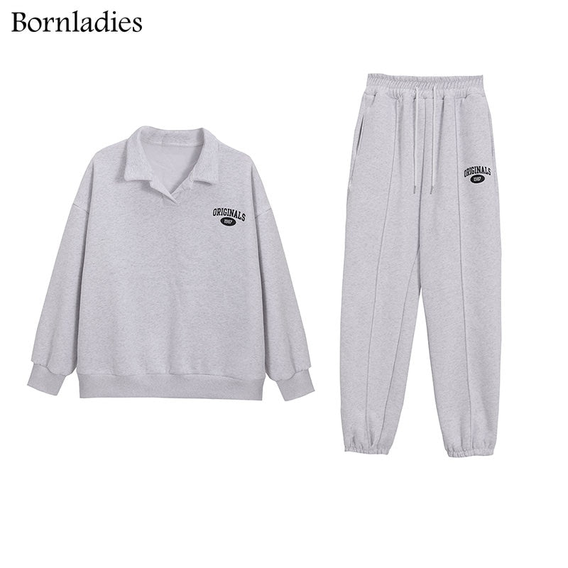 Bornladies 2022 Women Cotton Sweatshirt Suit Oversized Sets Female Stand Collar Loose Sweatshirt + Long Pants Suits Short Sets