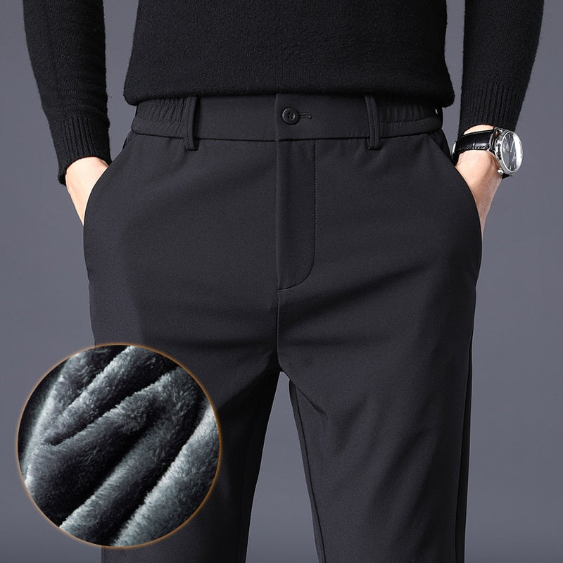 Winter Warm Men's Fleece Pants Thick Business Stretch Slim Fit Elastic Waist Jogger Korean Classic Black Gray Blue Trousers Male