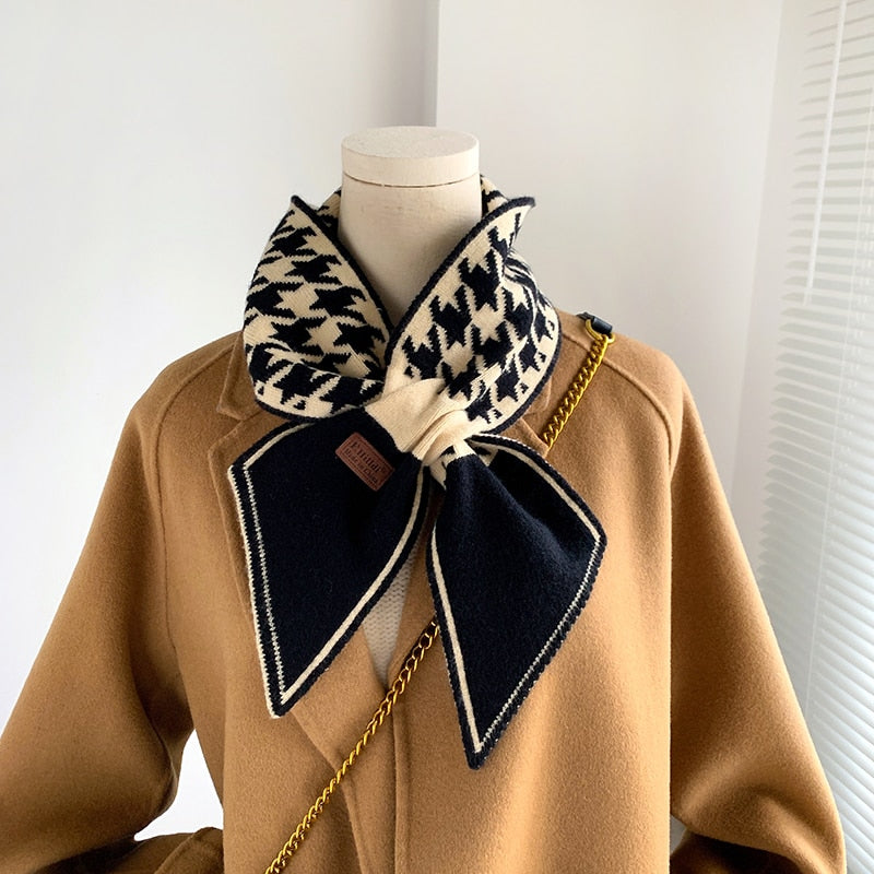 Warm Cashmere Neck Tie Scarf for Women Plaid Neckerchief Knitted Scarfs Long Skinny Small Scarves Bandana Female Foulard 2022