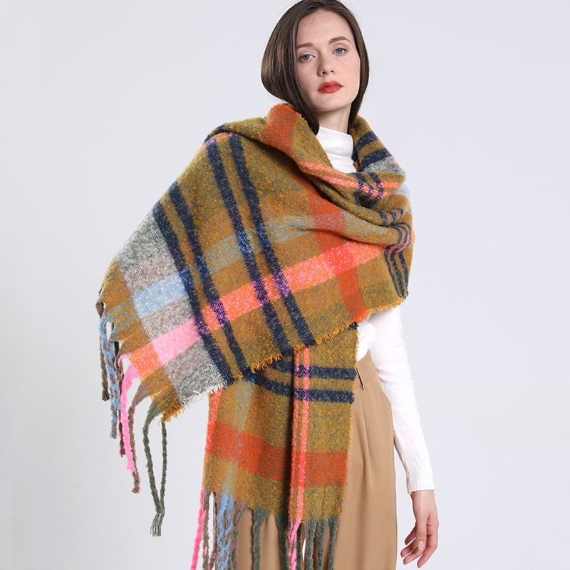 Women Plaid Scarf Winter Warm Shawl and Wrap Bandana Pashmina Long Tassel