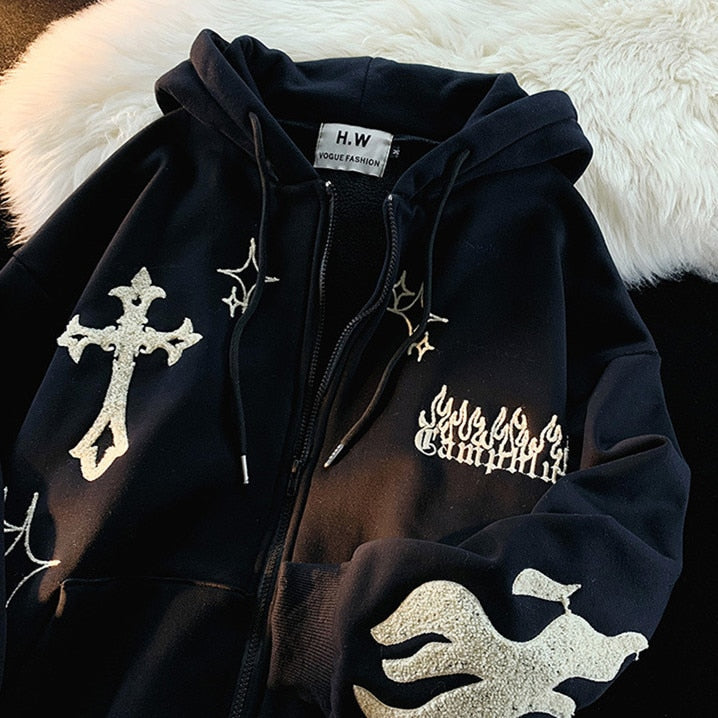 Vintage Embroidery Hoodies Women Harajuku Long Sleeve Zip Up Sweatshirt Hip Hop Gothic Streetwear Hooded Jacket Coat Y2k Clothes