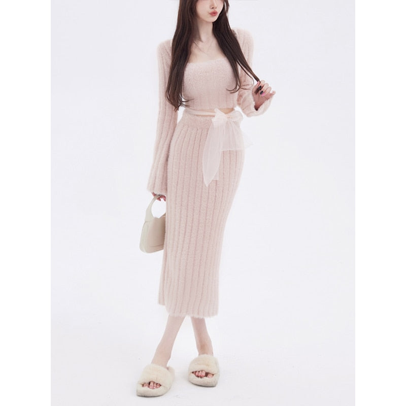 2022 Autumn Sweater Knitted Suits Female Elegant 2 Piece Dress Korean Fashion Even Party Y2k Mini Dress Office Lady Short Skirts