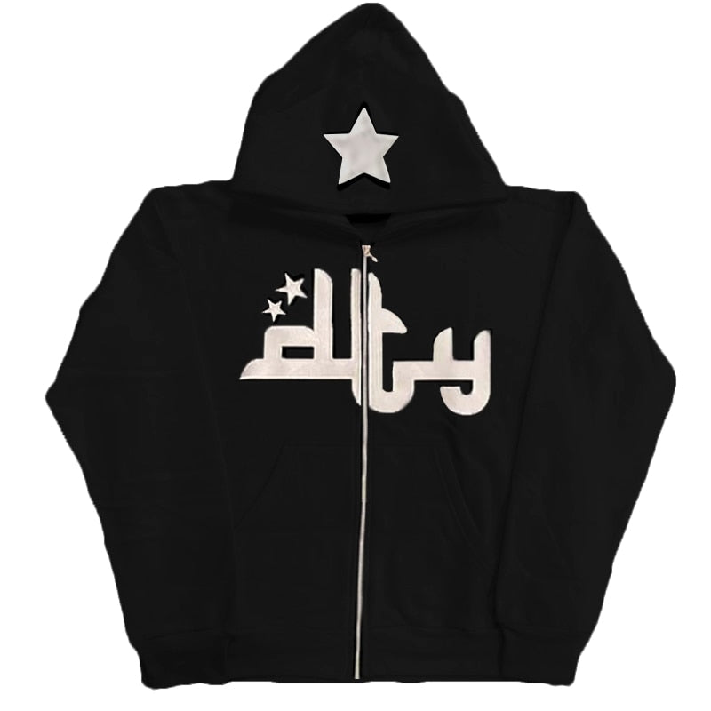 Men Star Letter Printed Hoodies Harajuku High Street Hooded Sweatshirts Y2K Streetwear Hip Hop Gothic Zip Up Loose Jacket Coats