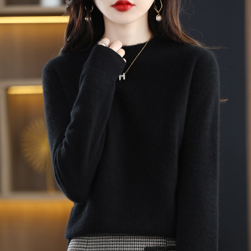 RONGYI 100% Pure Wool Half-neck Pullover Autumn /Winter Cashmere Sweater Woman Casual Knitted Tops Female Jacket Korean Fashion