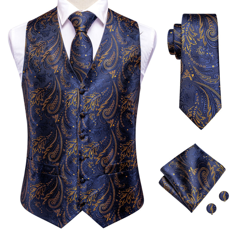 Hi-Tie 20 Color Silk Men's Vests and Tie Business Formal Dresses Slim Vest 4PC Hanky cufflinks for Suit Blue Paisley Waistcoat