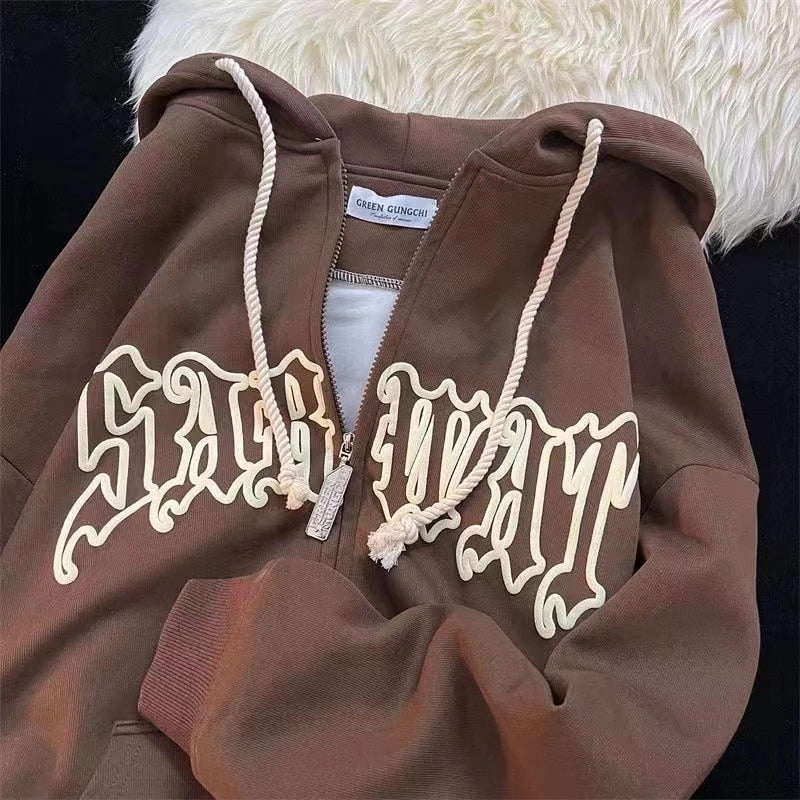 Y2k Vintage Women Hoodies Harajuku Printed Zip Up Grunge Sweatshirt Hip Hop Gothic Long Sleeve Oversized Jacket Coat Streetwear