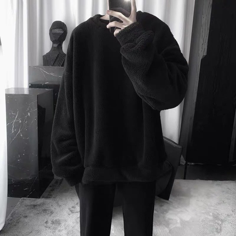 Oversize Sweatshirt Solid Color Lamb Hair O-Neck Long Sleeve Men's Sweatshirt Korean Fashion Loose Hoodies Streetwear Harajuku