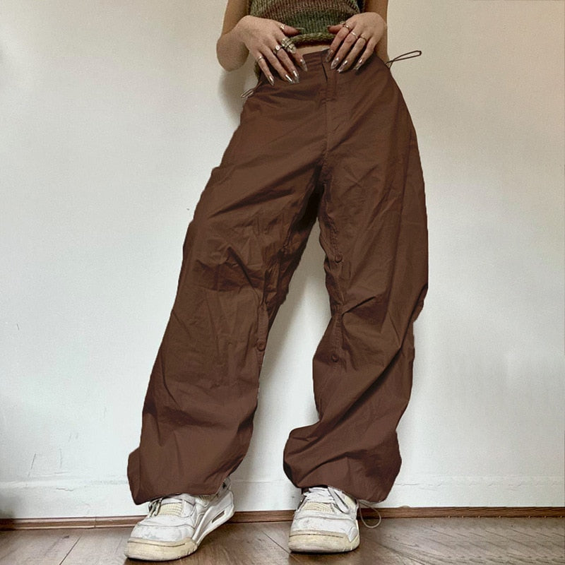 Women Casual Wide Leg Cargo Pants Fashion Low Waist Drawstring Baggy Trousers Streetwear Vintage Hippie Solid Joggers Tech Pants