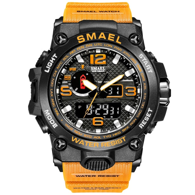 SMAEL Watches For Men 50M Waterproof Clock Alarm reloj hombre 1545D Dual Display Wristwatch Quartz Military Watch Sport New Mens